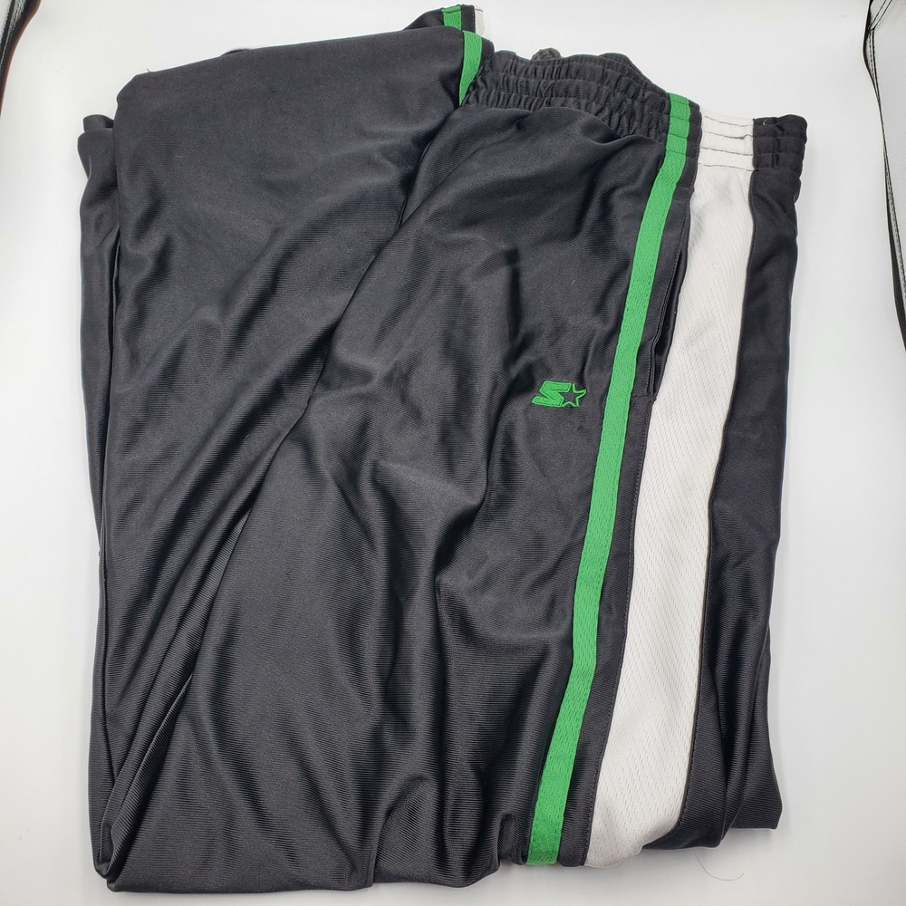 Starter Mens Track Pants Black Green White Striped Mesh Lined Size‎ L Shiney Y2K